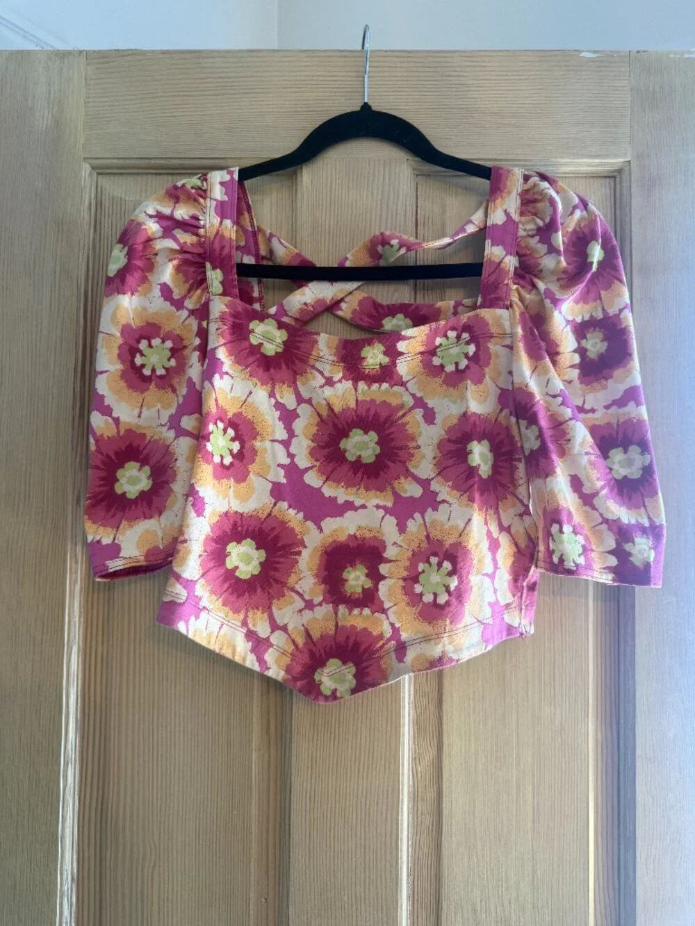 Free People Floral Puff Sleeve Corset Crop Top Pink Orange Size S